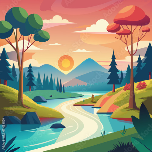 Stunning landscape illustration of a serene river flowing through a forest valley at sunset, perfect for travel, nature, or peaceful backgrounds, originally a scalable vector graphic