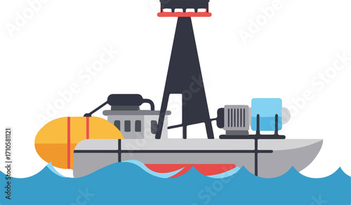 A fishing vessel with a tall mast and a buoy afloat on wavy water.