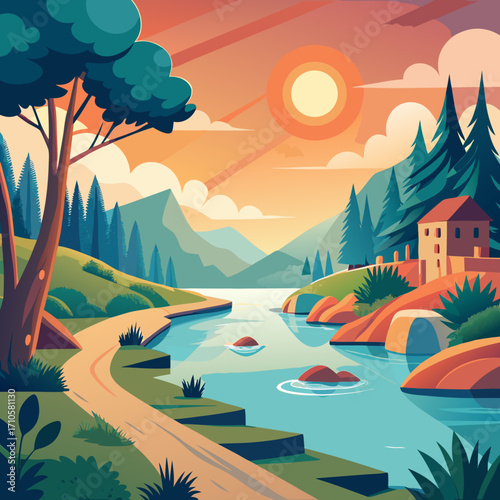 Stunning vector landscape with serene lake and distant mountains bathed in warm sunlight, perfect for travel brochures, nature websites, or peaceful desktop backgrounds