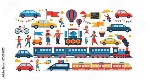 Collection of various transportation vehicles and people enjoying leisure activities.