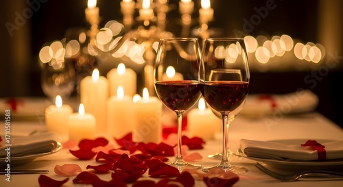 Romantic Candlelight Dinner Table with Red Wine and Rose Petals