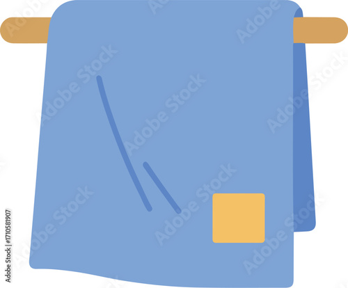 A light blue towel hangs on a wooden rack, showing a small yellow square label.