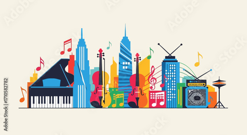 Colorful cityscape of musical instruments and buildings.