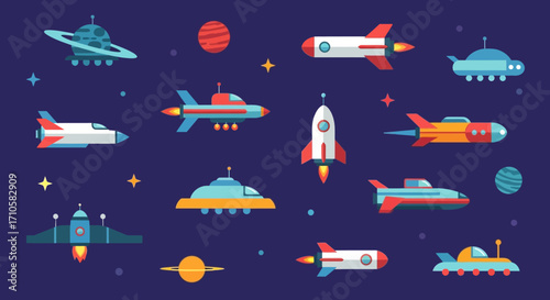 Colorful collection of cartoon spaceships rockets and UFOs.