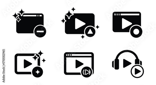 Black silhouettes of media players and related control icons displayed