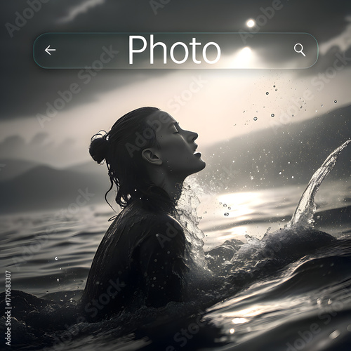 Woman in water silhouetted against sunlit sky