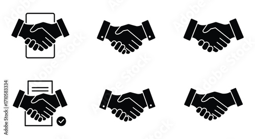 Black and white handshakes and agreement icons in a simple style
