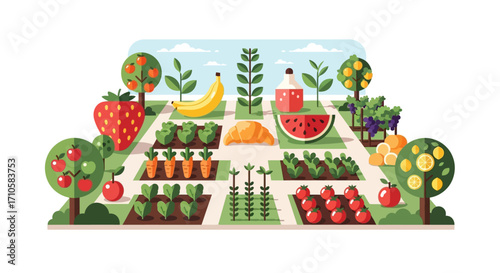 Colorful Flat Illustration of a Bountiful Garden Harvest.