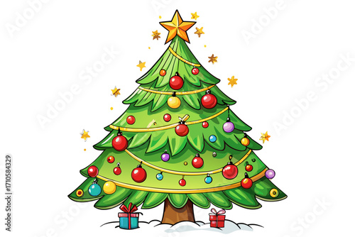 Merry Christmas! Festive Decorated Vector Christmas Tree Illustration