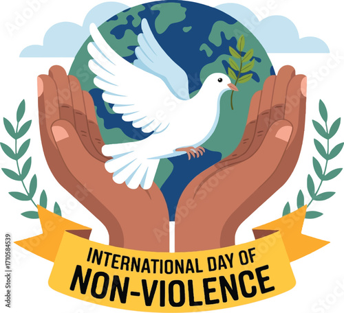 Hands holding Earth with dove and ribbon for International Day of Non- Violence international day of non-violence