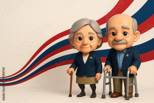 Veterans Day Tribute – Elderly Cartoon Veteran Couple with Cane and Walker