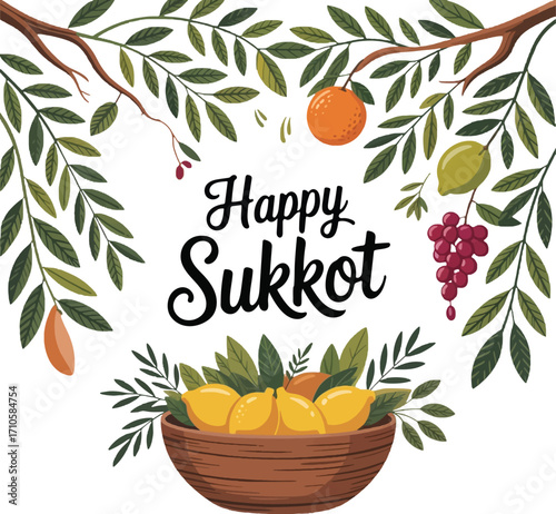 Happy Sukkot greeting with fruits and branches on white background holiday jewish