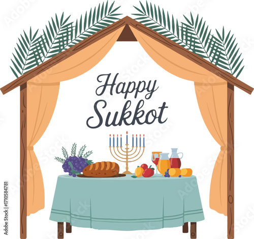 Happy Sukkot table setting inside a sukkah with menorah and fruits holiday jewish