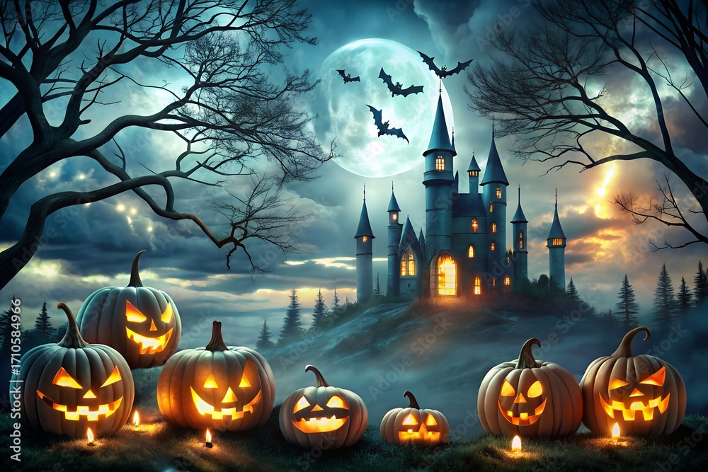 Fototapeta premium Photo of halloween night scene with glowing jackolanterns, a spooky castle, and bats flying under a full moon, embodying the spirit of the holiday