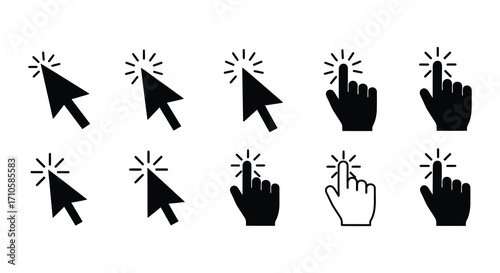 Collection of diverse black cursor and hand pointing icons displayed visually
