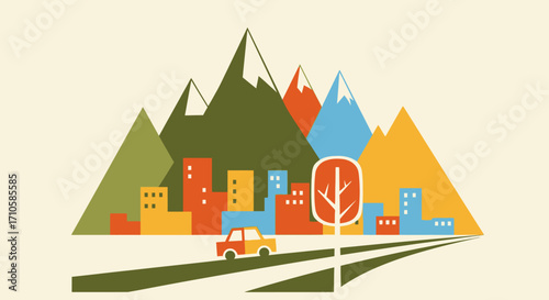 Colorful Mountain Town with Road and Truck.