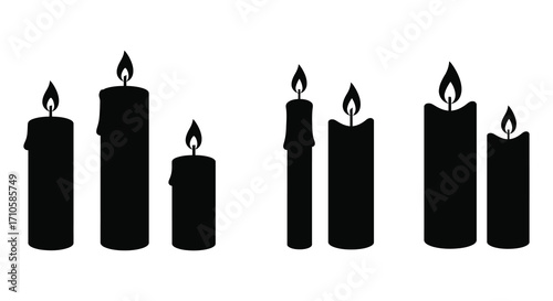 Silhouetted candles of varying heights illuminate a dark simple background