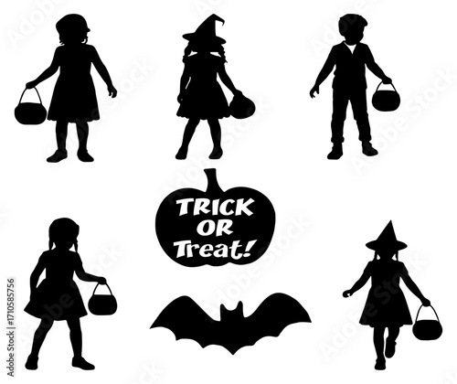 Silhouettes of children dressed in halloween costumes with buckets for candy, a pumpkin that says Trick or Treat and a bat, isolated 