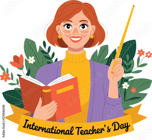 International Teacher's Day illustration of a smiling woman with book and pointer educator female