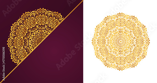Elegant Dual Mandala Design with Gold Floral Motifs on Maroon and White – Luxury Background for Branding, Invitations, and Artistic Decor