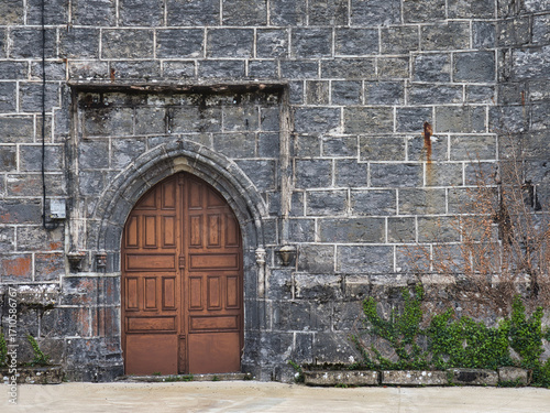 Medieval arched wooden door in an old stone wall - A full-frame shot of an ancient stone wall with a prominent, arched wooden door in a medieval style.