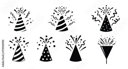 Collection of party hats and celebratory confetti designs in black and white