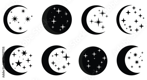 Black and white illustration showing different phases of the moon with stars
