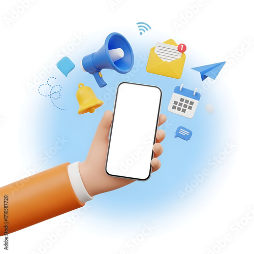Hand holding a smartphone with various notification icons like megaphone, bell, email, and calendar floating around