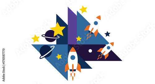 Cosmic Exploration - Rockets, Planets, and Stars in a Geometric Design.