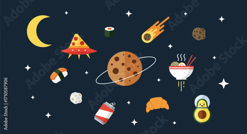 Cosmic Food Planet with orbiting treats and comet.