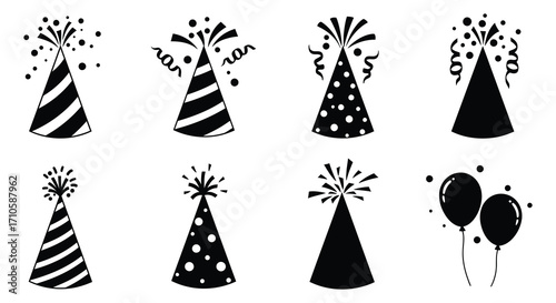 Black and white party hats balloons and celebratory confetti illustrations