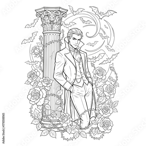 Male vampire character in formal attire with roses and bats background  