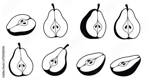 A collection of pear illustrations showcasing whole and halved fruit forms
