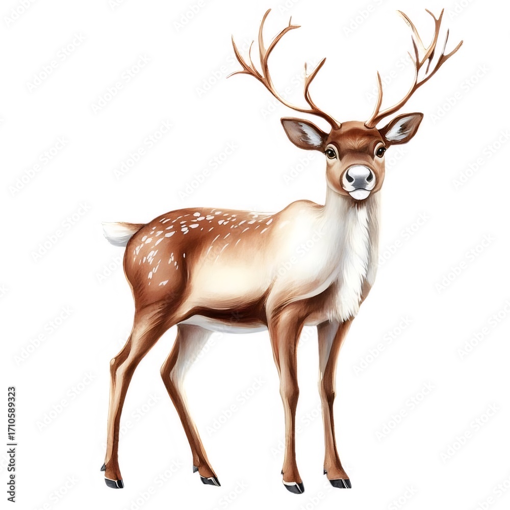 Fototapeta premium Spotted Brown Deer with Antlers on White Backdrop