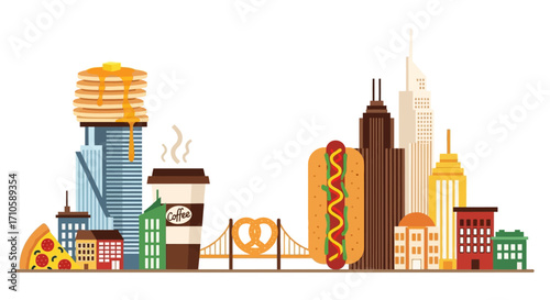 Creative Urban Skyline with Giant American Fast Food Icons.