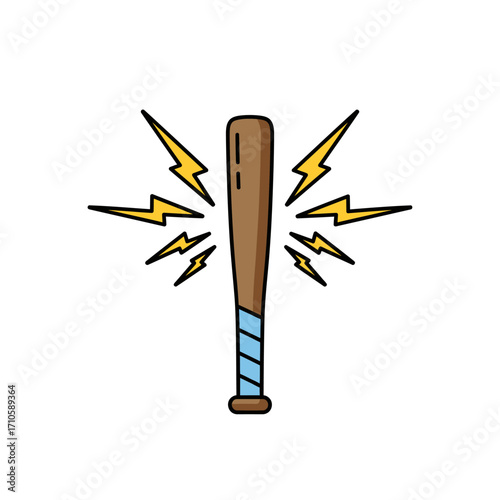 A cartoon baseball bat with a blue handle surrounded by yellow lightning bolts on a white background in a graphic illustration.