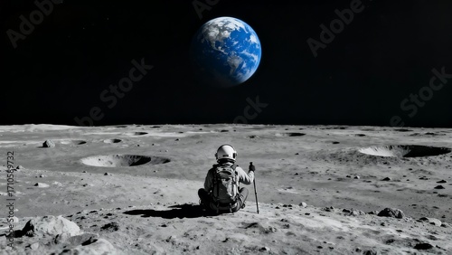 Astronaut on Moon Gazing at Earth, Ideal for Space Enthusiasts and Sci - Fi Fans