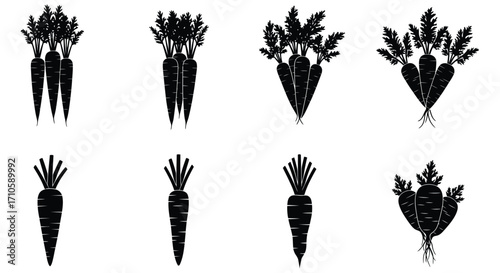 A collection of black silhouette images depicting various carrot arrangements