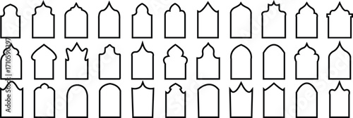 Traditional islamic door and window shapes. Arch window vector set . Arabic muslim architecture design elements, ramadan. Mosque borders or moroccan gates. Vector Arab Elements In Minimal Boho Style .