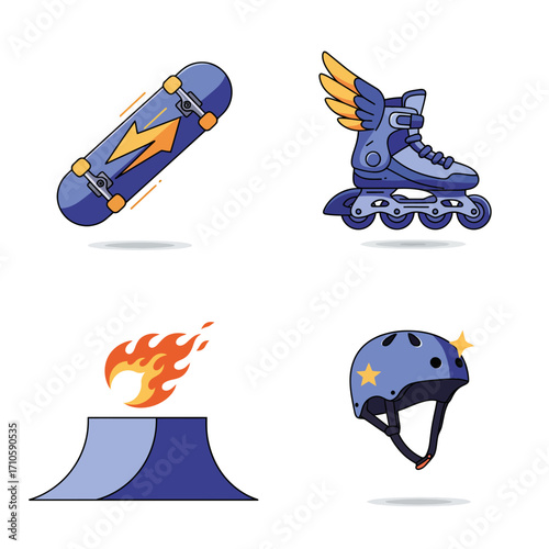 Flat lay illustration of skateboarding equipment including a skateboard, rollerblades, helmet, and ramp with flames against a clean white background.
