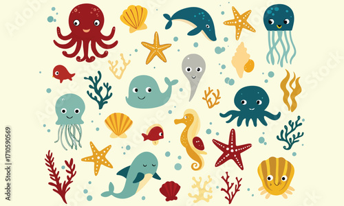 Cute Sea Animal Clipart And Narwhal, Whale, Octopus, Jellyfish, Turtle and Starfish Vector Set

