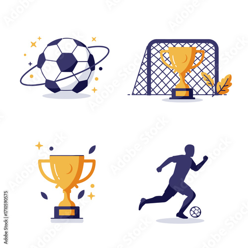 Flat design graphic illustrations of soccer icons including a ball, trophy, goal, and player in motion on a clean white background with a dark blue and gold color scheme.
