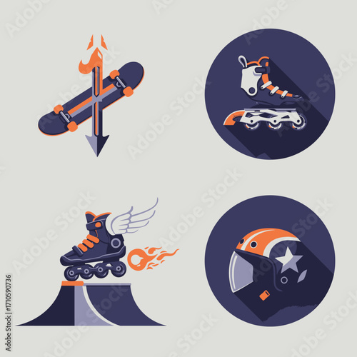 Graphic illustrations of skateboard and skateboarding gear with orange, white, and dark blue colors in a flat design style against a light gray background.