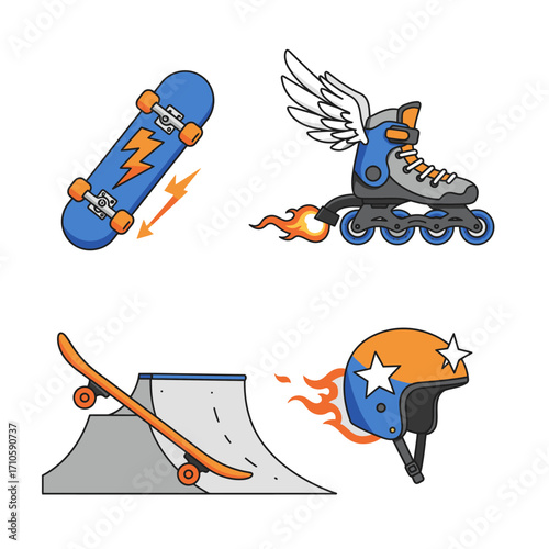 Illustration of skateboarding and rollerblading icons with flames and wings on a clean white background.