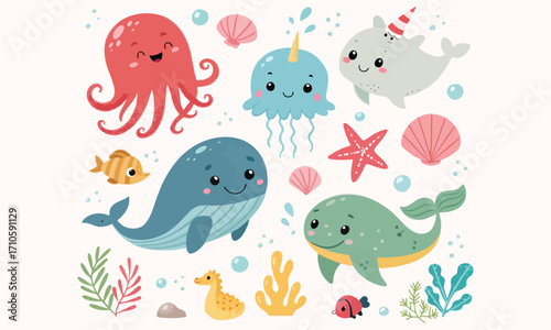 Cute Sea Animal Clipart And Narwhal, Whale, Octopus, Jellyfish, Turtle and Starfish Vector Set


