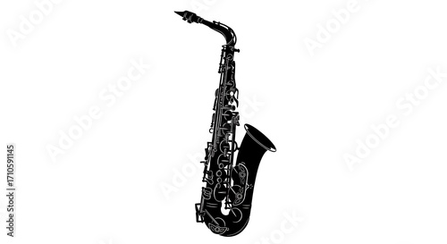 Black Saxophone Silhouette Against White Background.