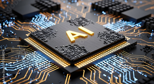 Gold AI letters on a powerful black CPU chip with glowing orange and blue circuit pathways.