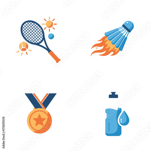 Flat design icons of a badminton racket, shuttlecock, medal, and water bottle on a clean white background, conveying a sporty and competitive mood.