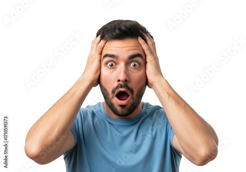 Man with shocked expression holding his head isolated on transparent background