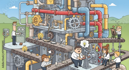 Complex machinery, industrious people working collaboratively, innovative ideas generated within a large industrial system.